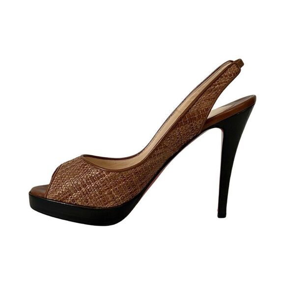 Christian Louboutin Raffia and Leather Yoyo Slingback Heels Brown Sz 39 - Picture 1 of 12